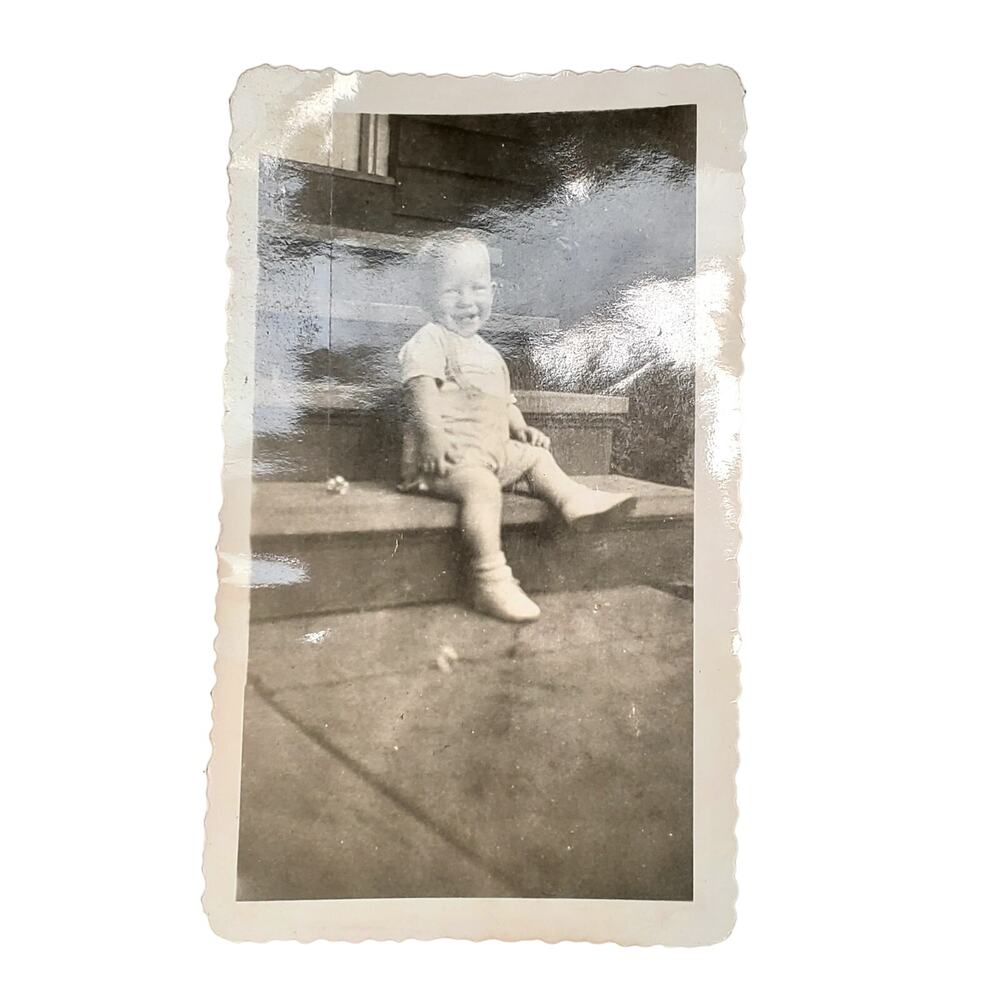 Vtg Cute Toddler Posing in Front of Home Monochrome Photography Found Snapshot